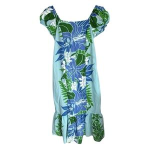 Vintage Good Times Hawaii Maxi Dress Women Medium Blue Floral Luau Tropical